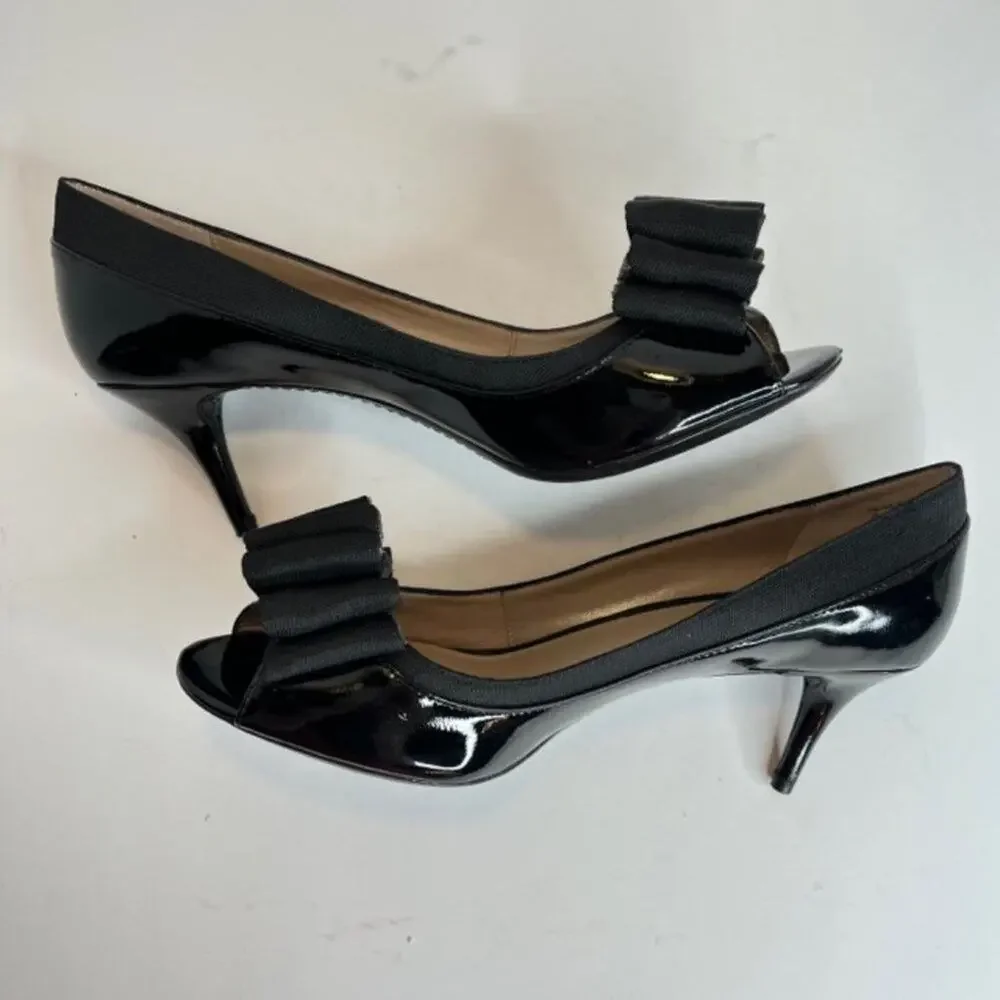 DKNY Black Patent Peep Toe Bow Heels Size 9 Elegant Feminine NWOB